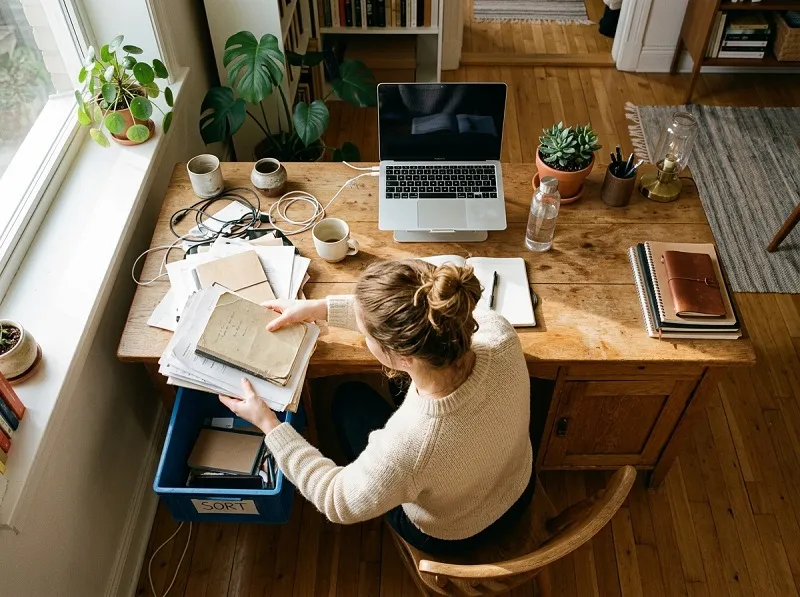 Person_organizing_desk_workspace