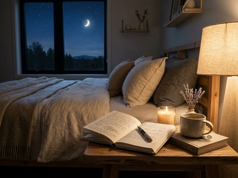 30 Evening Journal Prompts to Wind Down at Night 1 Bedroom with journal & tea