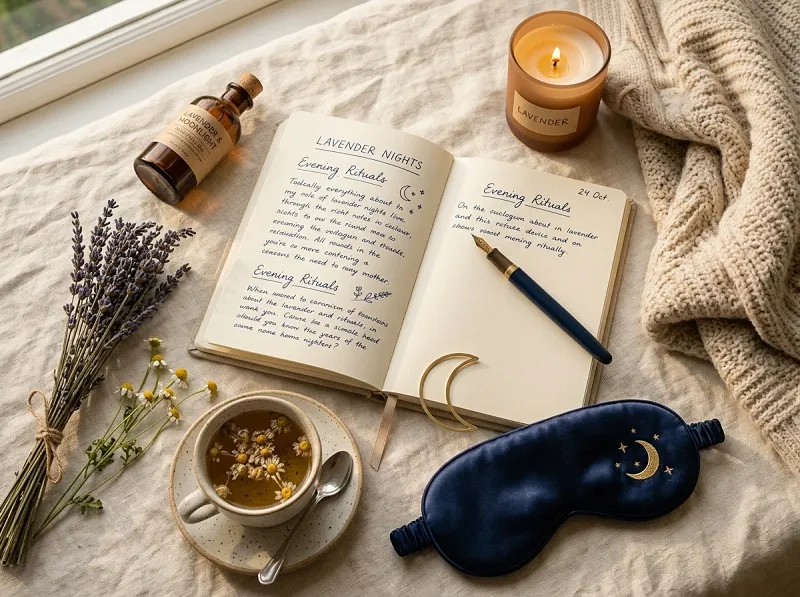30 Evening Journal Prompts to Wind Down at Night 3 flatlay journal with lavender flowers