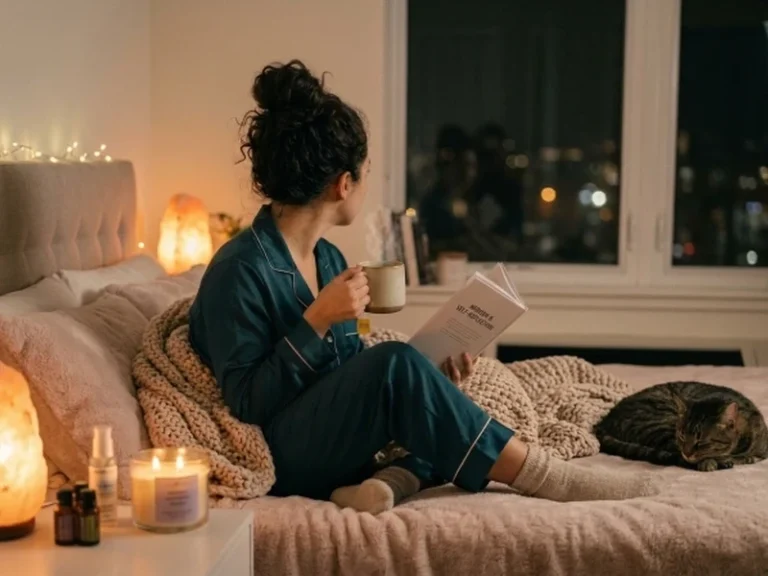 Night Self Care Routine for a Peaceful Evening 1 cozy night self care routine with tea, book, and cat on the bed