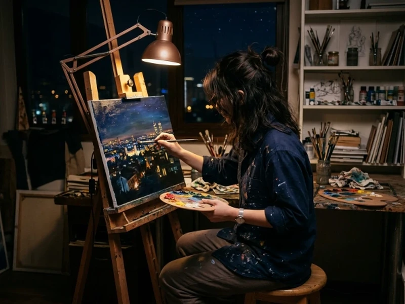 Night Self Care Routine for a Peaceful Evening 2 woman painting at night as a calming transition into evening