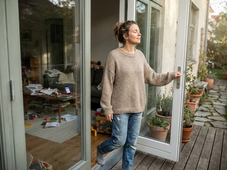 Self Care Routine for When You Feel Overwhelmed 3 woman stepping outside for a reset when feeling overwhelmed