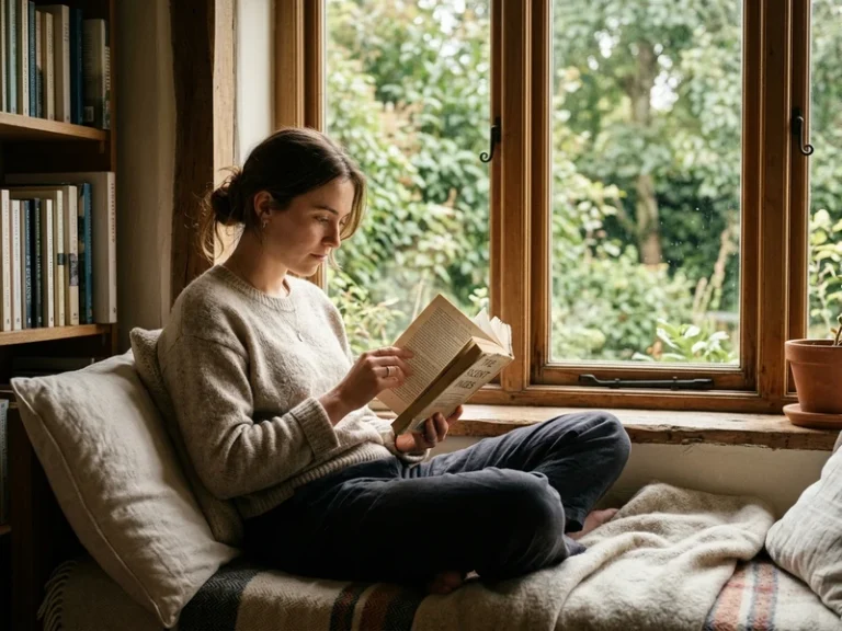 Self Care Routine: Simple Habits for Everyday Wellness 2 woman reading quietly by a window as part of her self care routine