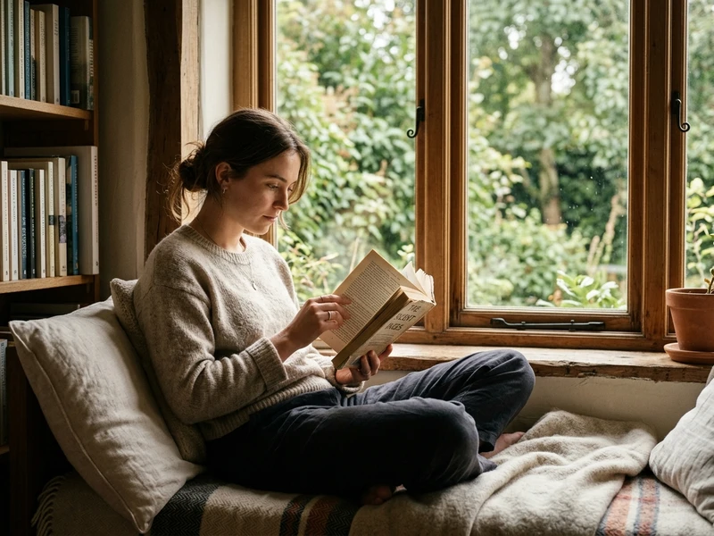 Self Care Routine: Simple Habits for Everyday Wellness 1 woman reading quietly by a window as part of her self care routine